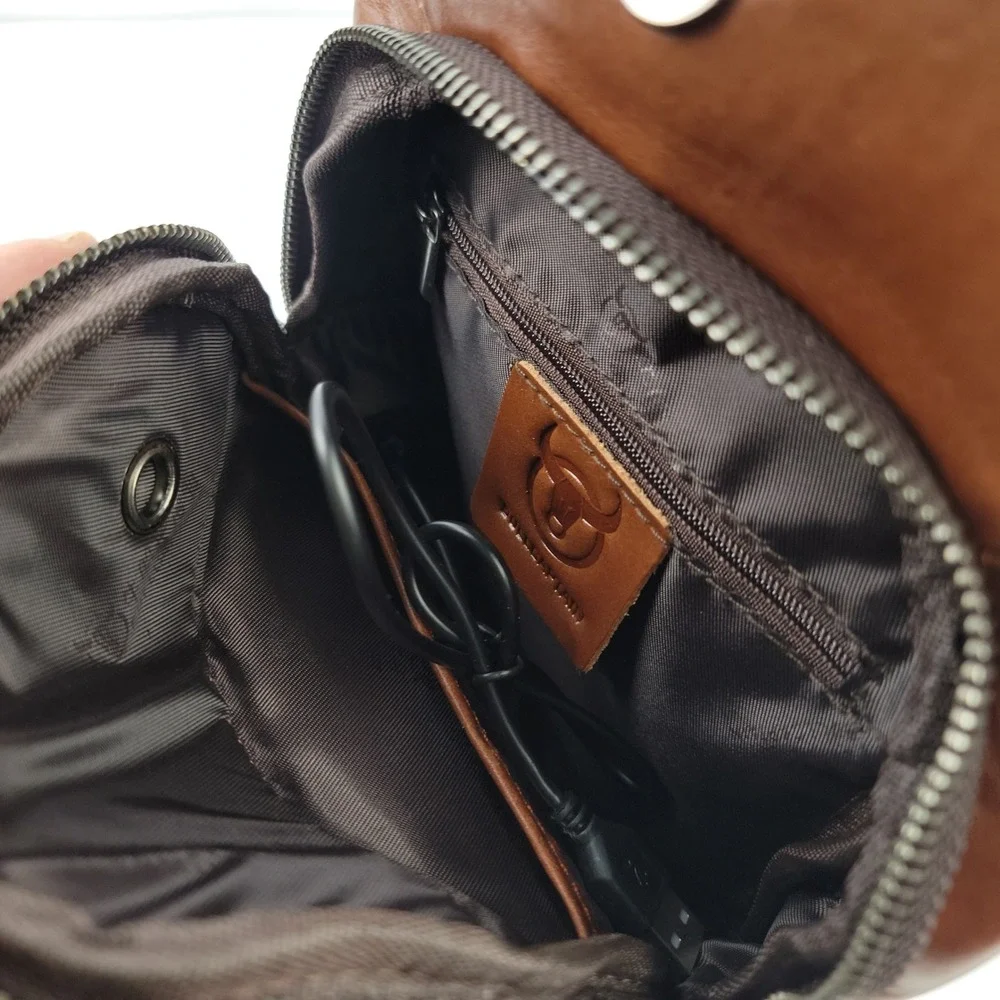 Bullcaptain Mens Brown Leather Sling Bag Crossbody Backpack with USB Port